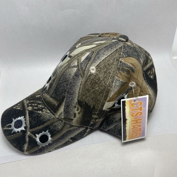 Camo Bullet Hole Adjustable Brown Green Embroidered Ball Cap NWT Acrylic - Picture 3 of 6